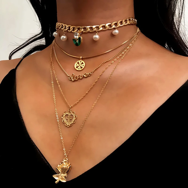 

Rose Flower Cross Jesus Coin Pendant Necklace Women Green Crystal Pearl Love Heart Multilayer Chain Necklace (KNK5067), Silver, gold