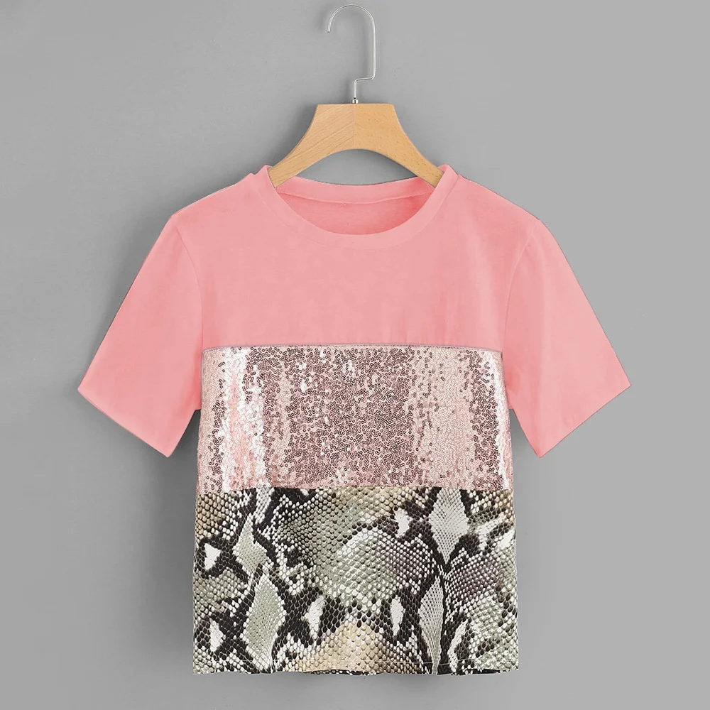 

Hot style sequin animal print patchwork short-sleeved T-shirt for women
