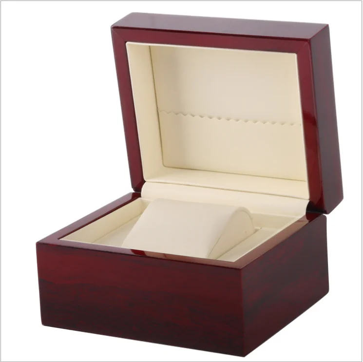 

Retail Large Wood Grain High Glossy Mahogany Storage Display Single Watch Box With Jewelry Pouch, Lacquered red+beige fabric