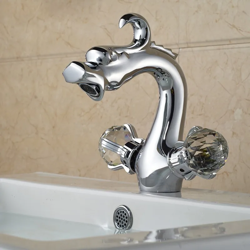Chinese Dragon Style Washroom Faucets Dual Handle Single Hole Deck Mounted Bathroom Hot Cold