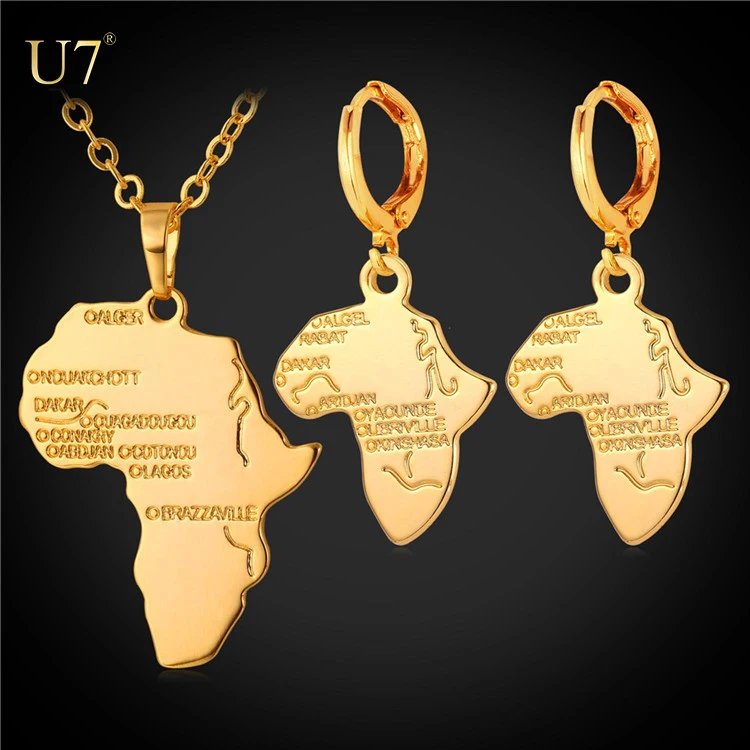 

U7 Africa Map Jewelry Set for women Necklace & Drop Earrings Women Gift Platinum/Yellow Gold Plated Ethiopian African Jewelry