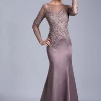 

Lace Satin Mermaid Sexy Indian Beaded Long Sleeves Dresses Mother of The Bride Dresses for Wedding