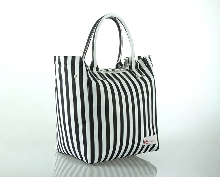 

Stripe Printing Fabric Reusable Insulated Lunch Bag, Fashion Heat Saling Thermal Lunch Tote Bag, White and black