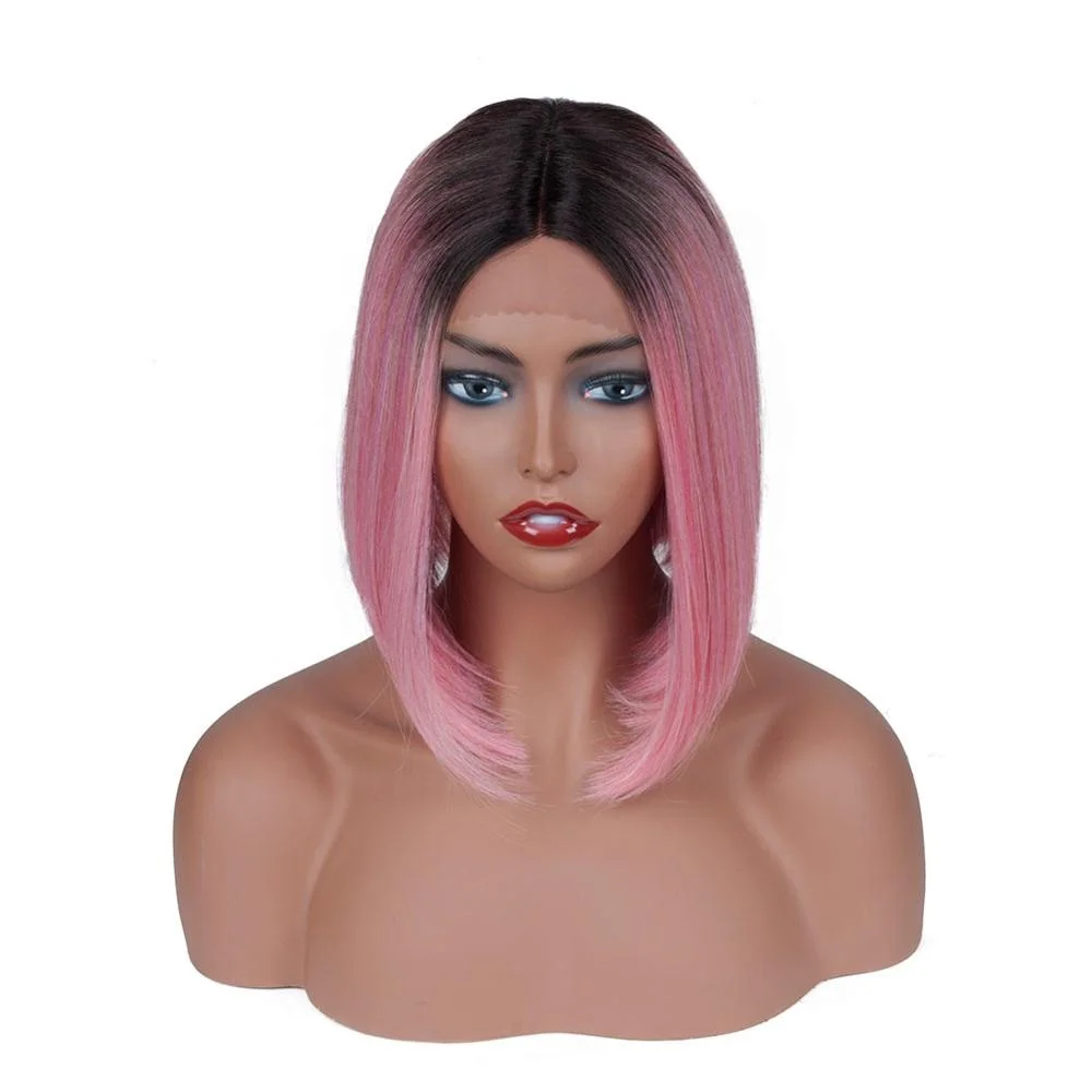 

JINGFA HAIR Short Bob Style Two Tone Black Root Pink Synthetic Hair Lace Front Wigs