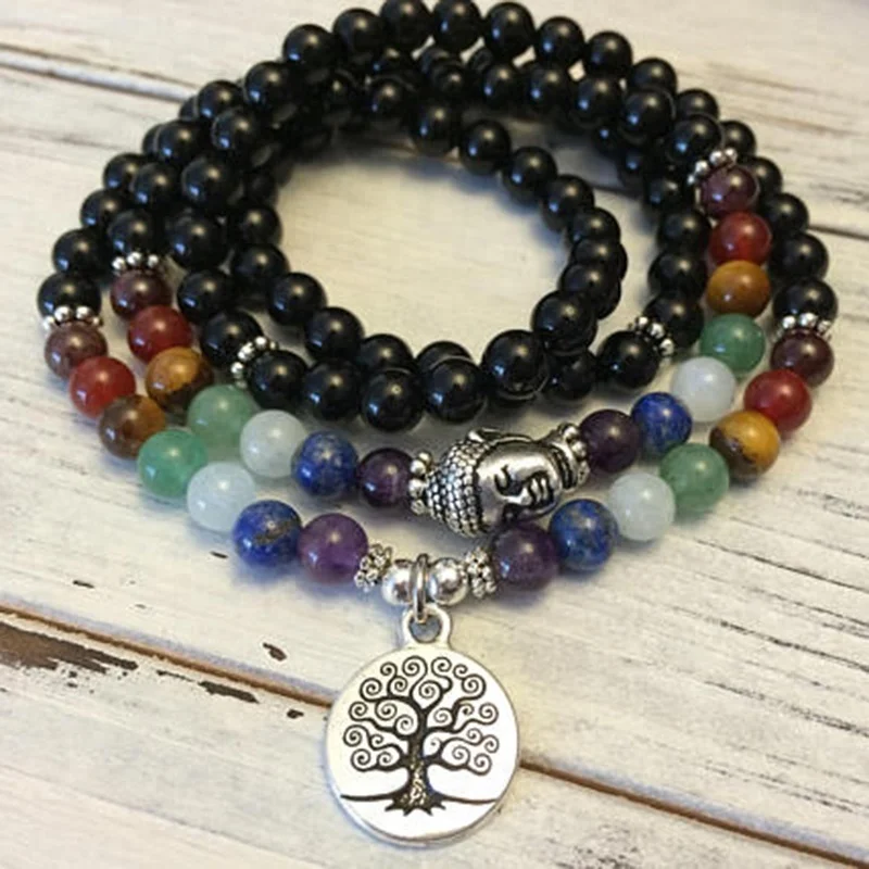 

SN1401 7 Chakra 108 mala Wrap Bracelet or necklace Tree of life charm Meditation Beads Black Onyx Balancing Chakras Bracelet, As picture