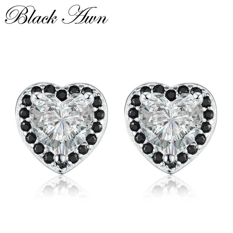 

[BLACK AWN] 100% 925 Sterling Silver Jewelry Trendy Engagement Stud Earrings for Women Heart Black&White Stone T139