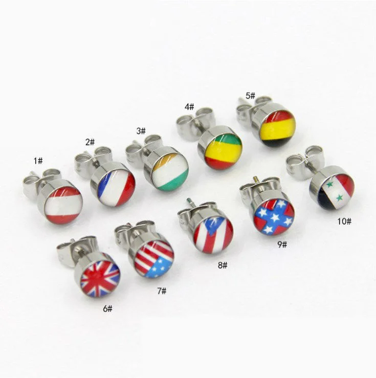 

Wholesale New Arrival Top Fashion Stainless Steel 7 MM Diameter Enamel Printing Many Countries Nation Flag Design Stud Earrings