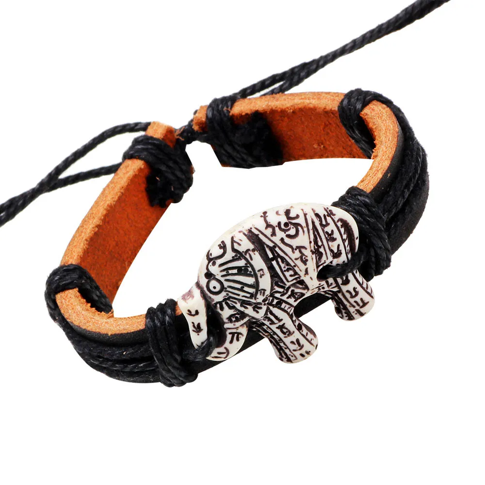 

Wax Rope Cord Plaided Genuine Leather Bracelets With Elephant Resin