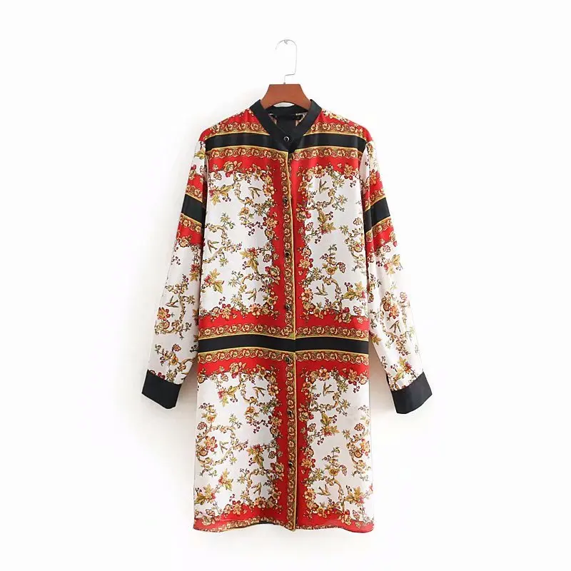 

Good quality fashion casual loose women long sleeve floral print shirt dress