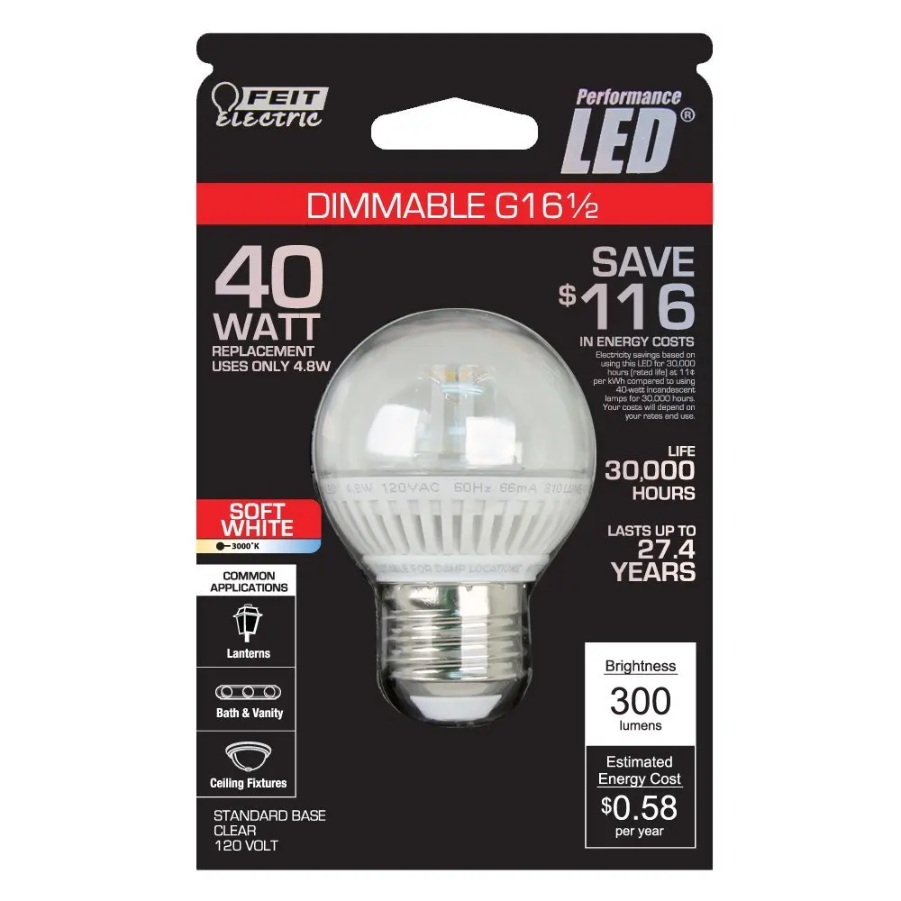 Feit Electric BPG161//2//CL//LED//RP Accent LED G161//2 Globe Bulb Clear