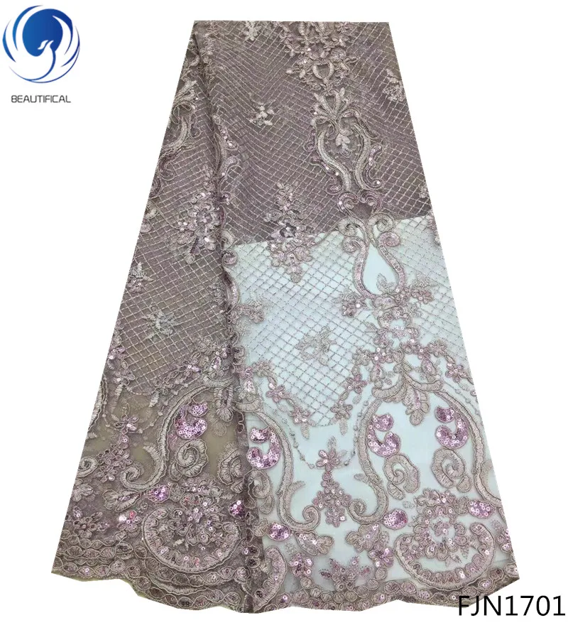 

Beautifical bridal bling cloth embroidery lace design shinning lilac sequin fabric FJN17, Can be customized