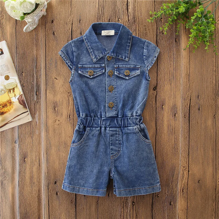 

Summer Toddler Baby Girl Kids Sleeveless Denim Romper Jumpsuit Clothes Girl button Jeans Sunsuit Overalls pants Playsuit, As picture