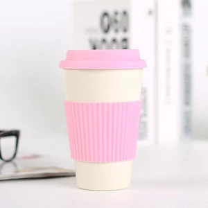 Image of Zogifts Customized Printing Decal Natural Bamboo fiber Coffee drinking mug with silicone lid and heat-prevent sleeve