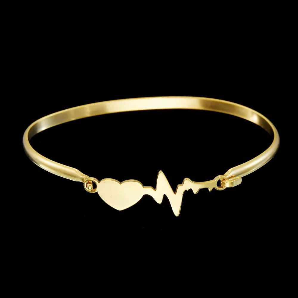 

Gold Plated Jewelry Custom Bangle Bracelet Electrocardiography Stainless Steel Open Bangles For Woman, Steel/gold