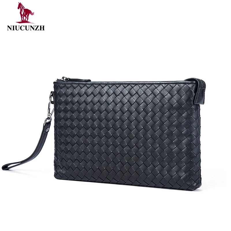 

Online Man's Weave Clutch Bag Genuine Cowhide Leather Men Bag