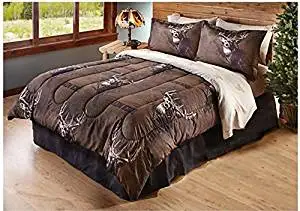 8 Piece Buck Deer Themed Comforter Full Set, Outdoor Cabin Hunting Bedding, Brown Hunters Pattern, Log Cabin Cottage Style, Outdoor Wildlife Game, Brown