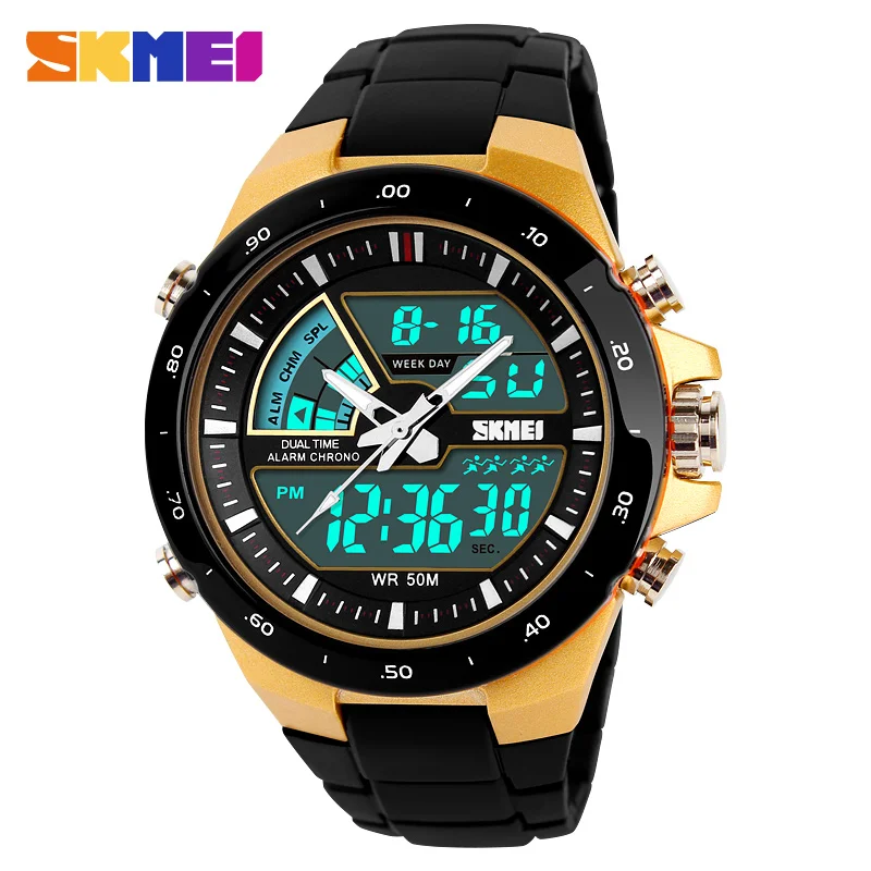 

Skmei 1016 Relogio Masculino 5ATM Waterproof Mens Sports Watches Unisex Dual Time Fashion Digital Wristwatch, Black;gold;colors