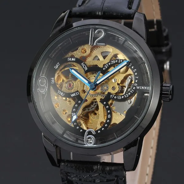 

WINNER 038 men mechanical fashion luxury skeleton watches with watch box high quality black gold color