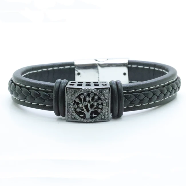 

Stars Forever Men Jewelry 4 Colors Stainless Steel Magnetic Clasp CZ Life Tree Charm Braided Genuine Leather Bracelet
