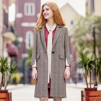 2018 Spring New Design Checker Pattern Suits Lapel Lady Woolen Coat