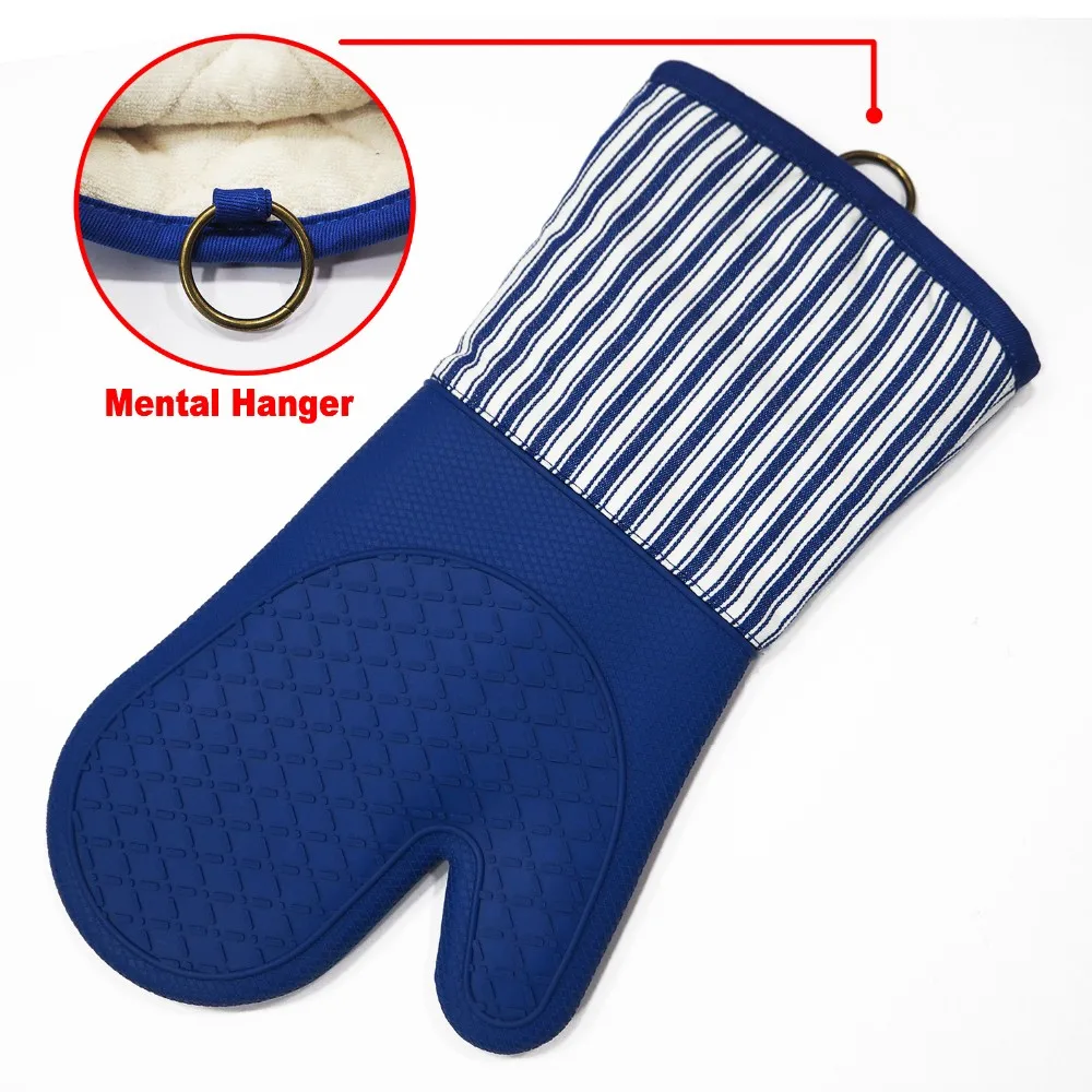 Yarn Dyed Cotton Fabric Silicone Oven Mitts Pot Holder With Extra Long Thick Quilted Cotton