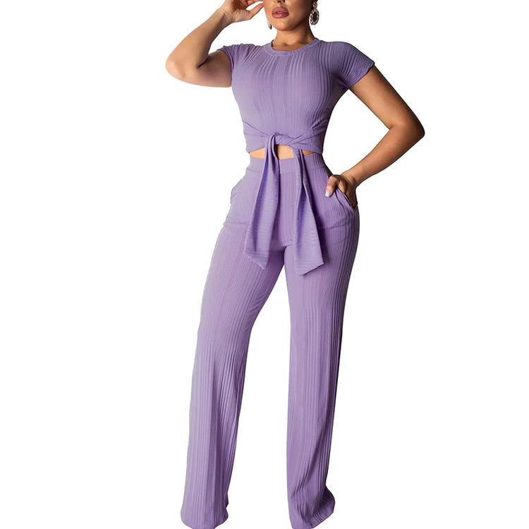 

Quality Assured Wholesale Romper Women Jumpsuit Elegant Pure Color Two Pieces Outfits Front Knot Two Piece Set Women Clothing, Black pink yellow purple green