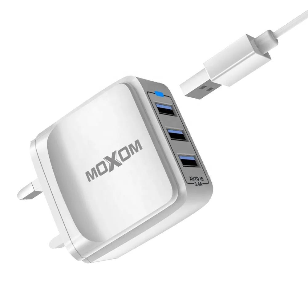 

MOXOM 3.4A Universal Travel Adapter Auto ID 3 USB Port Charger UK Plug, White