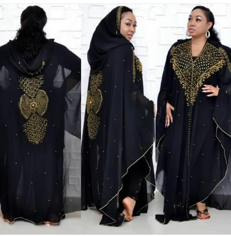 

Africa hot sell high density pearl beaded chiffon moroccan dubai kaftan dress black blue Cape hooded abaya kaftan dress