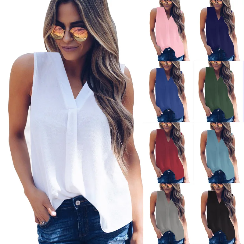 

Europe And America New Fashion Big Size Blouses Womens Summer Sleeveless V Neck Chiffon Blouse, White,pink,gray,black, navy,royal blue,army green,win red,peacock blue