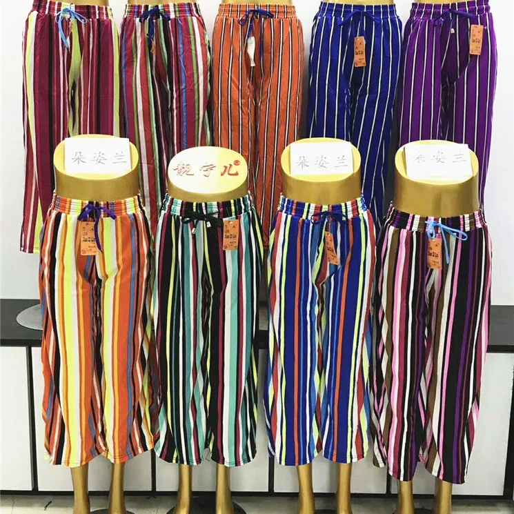 

1.69 Dollar WK131 Women High elastic Long Wide Leg Striped Self Tie Waist wide leg casual palazzo women's pants, Lots of color as pictures mixed.