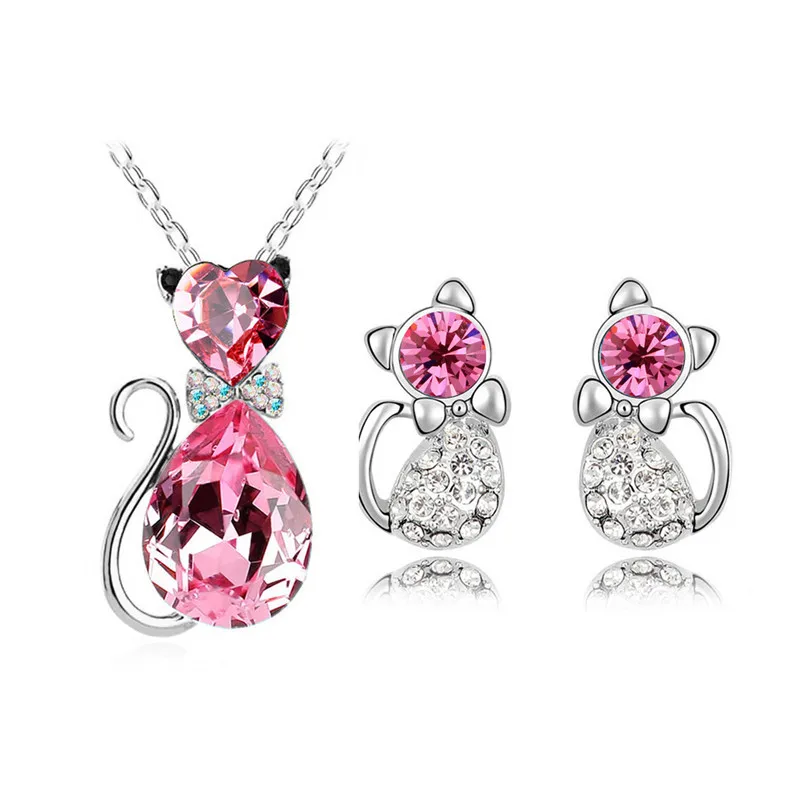 

Austrian Crystal Rhinestone Cat Jewelry Set Butterfly Cat Pendant Necklace Stud Earring Set, Picture