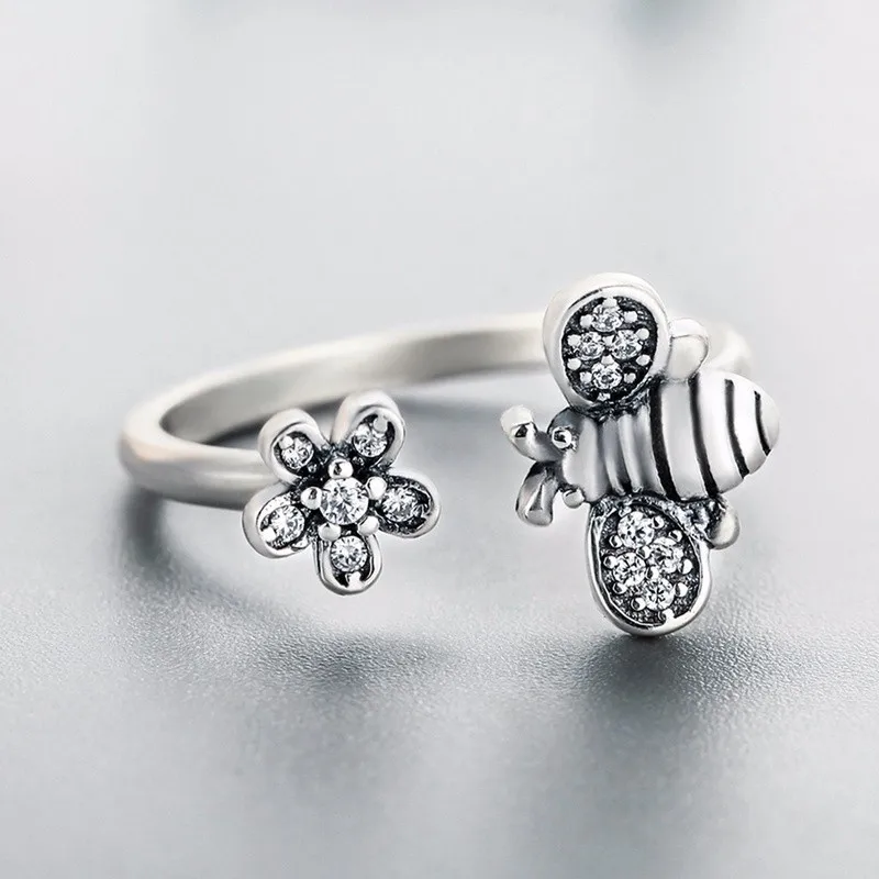 

New Arrival 925 Sterling Silver Bee Daisy zircon Open Ring for Women Jewelry