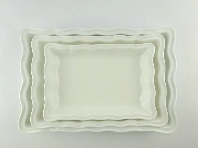 Dishwasher safe rectangular shape white restaurant ceramic serving dish with wavy rim