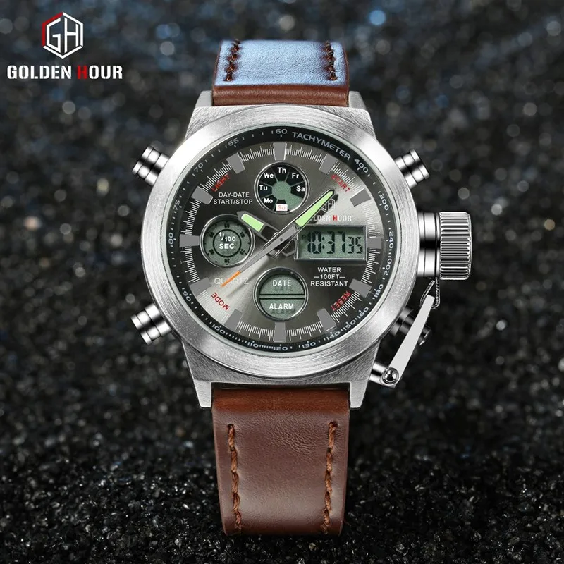 Golden hour new fashion watch men's Quartz Hour Clock Analog Digital LED Waterproof Sports Military Wrist Watch