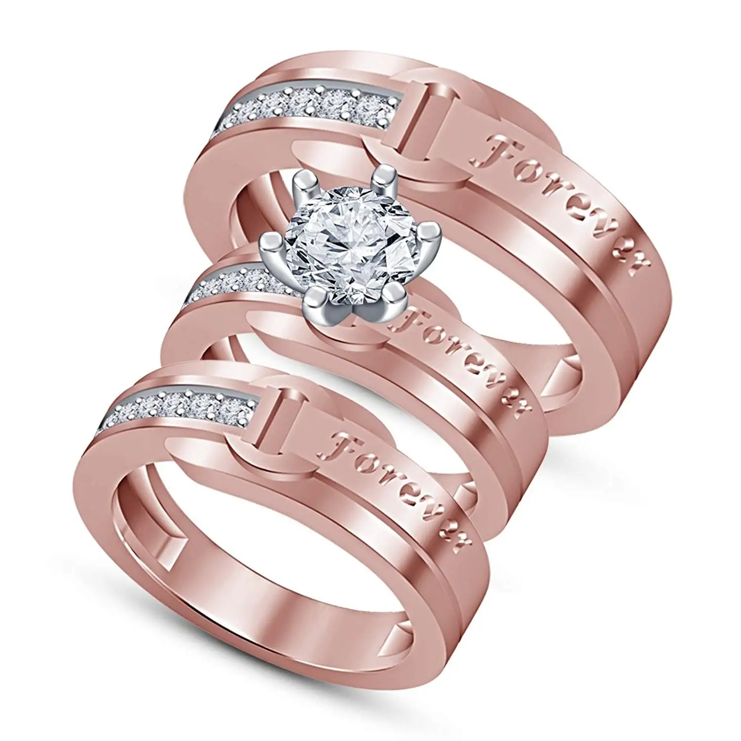 TVS-JEWELS Rose Gold Plated Sterling Silver 925 Princess /& Round Cut Black CZ Mens Band Ring