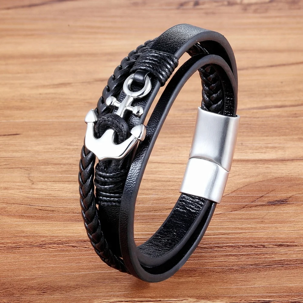

New Type Black Color Leather Stainless Steel Bracelet Engraved Logo Men Fashion Anchor Bracelet With Powerful Magnetic Clasp