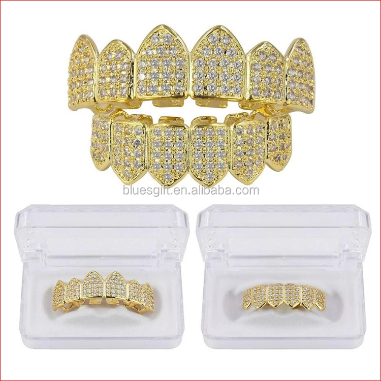 Blues wholesale bling 18K White Gold Plated Custom Slugs Cubic Zirconia Micro Pave cz teeth grillz for punk Halloween jewelry