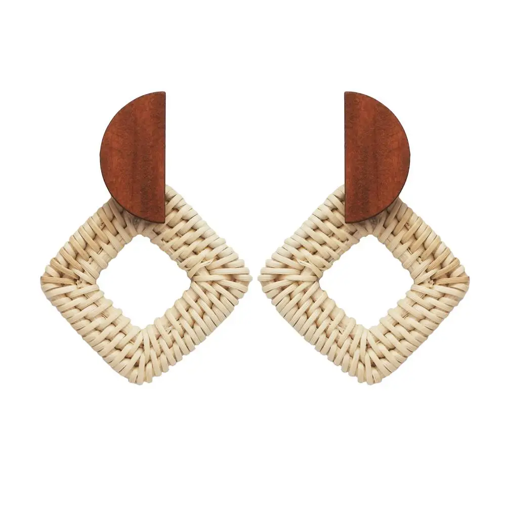 

Bohemian Straw Rattan Woven Geometric Stud Earrings For Women Handmade Wood Big Drop Earrings Fashion Jewelry, White;black;brown