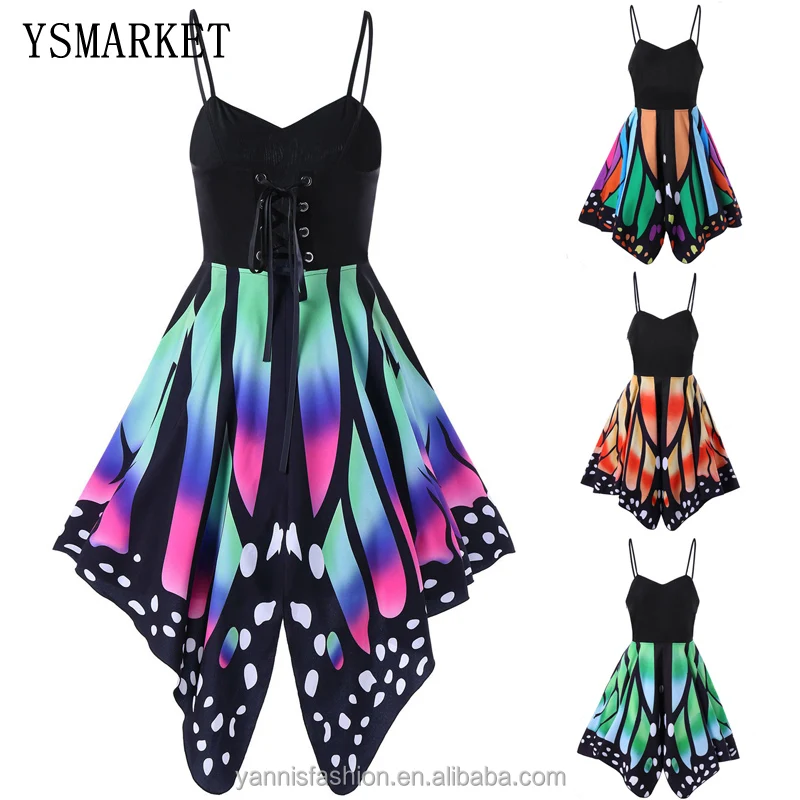 

Novelty Butterfly Print Summer Dress Spaghetti Strap Lace Up Sexy Beach Dresses Women Party Mini Dresses Vestidos E5336, N/a