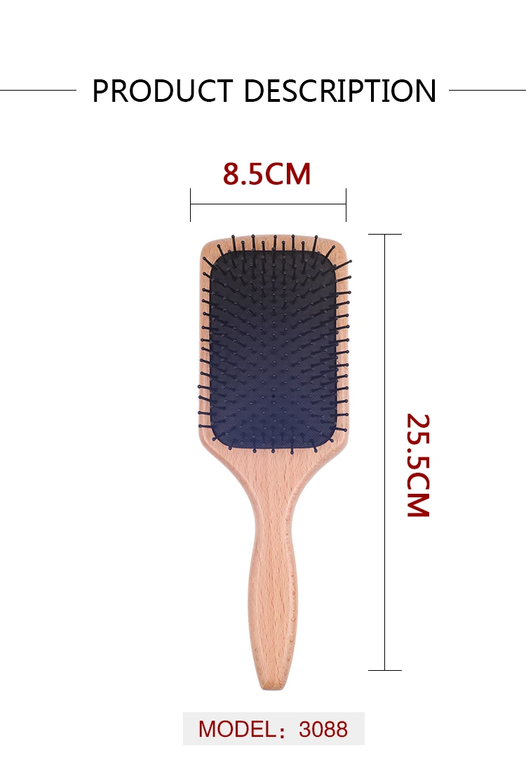 EUREKA DS3088 Large Square Paddle Cushion Wooden Hair Brush for All Hair Types Ball-Tip Nylon Pins Hairbrush