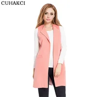 

CUHAKCI 2017 Autumn Women Sleeveless Jacket Wool Blending Long Cardigans Slim Coat Woman Pocket Female Plus Size Vest