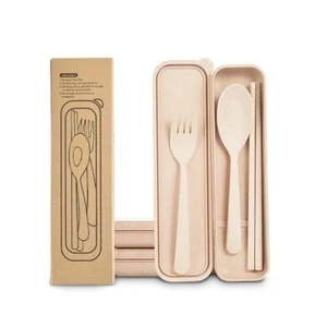 Image of Customized Eco-Friendly Children Plastic Wheat Straw Fork Chopsticks Spoon Tableware Set