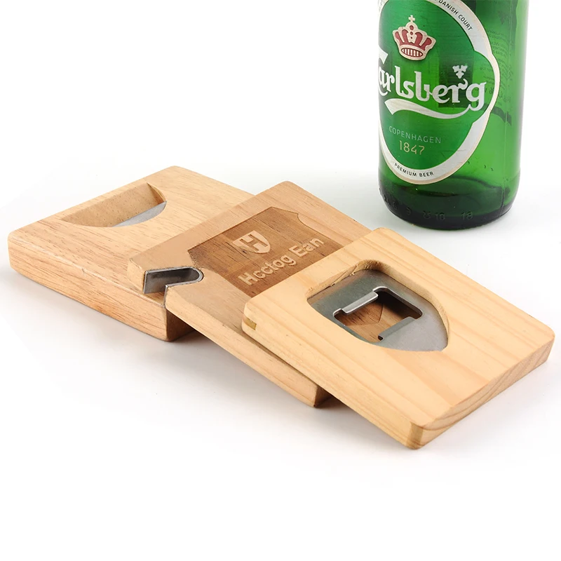 High Grade Various Shaped wooden coaster bottle opener