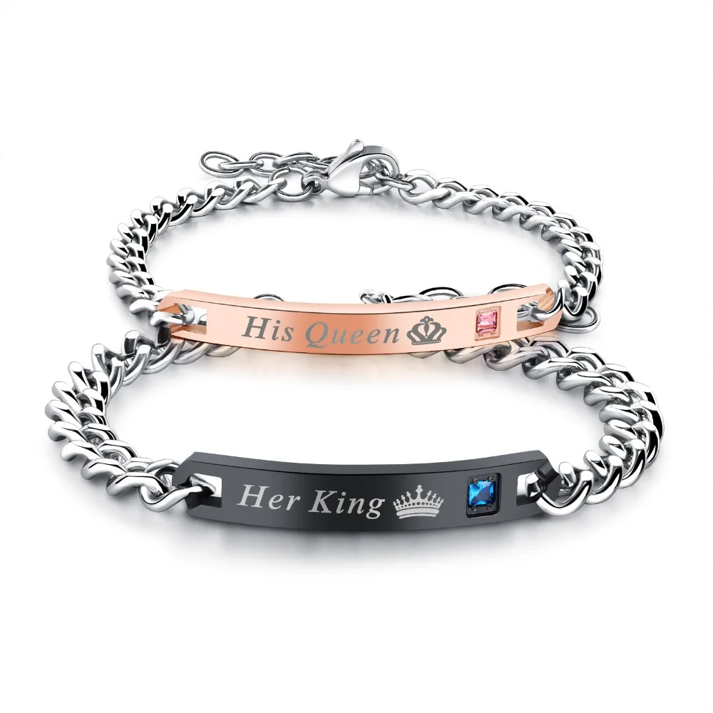 

MECYLIFE Stainless Steel Link Chain Her King His Queen Couple Bracelets, Silver+black;silver+rose gold