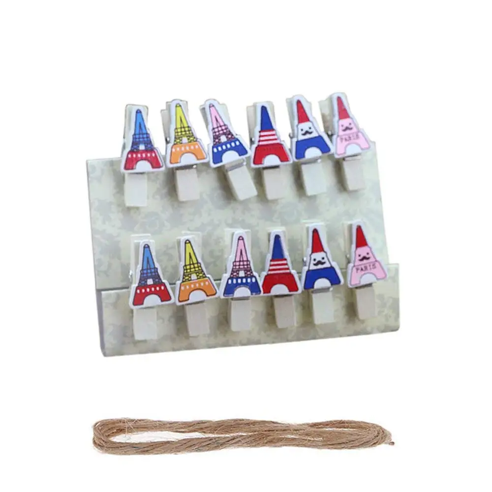 Vpang 48 Pcs Mini Natural Wooden Cartoon Eiffel Tower Design Clothespins Photo Paper Card Peg Pin Craft Clips with Jute Twine