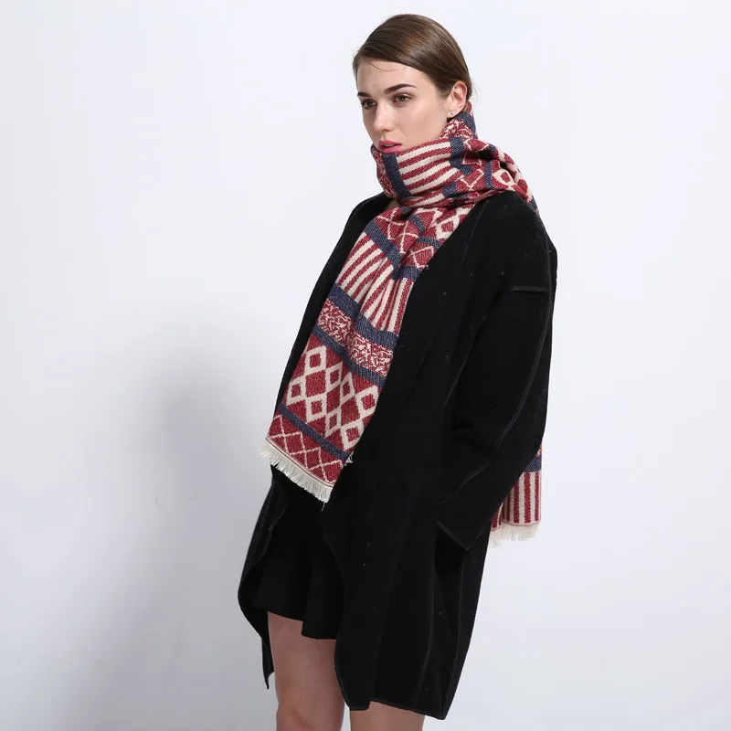 

Geometric Print Long Scarf Women With Tassel Cotton Classic Warm Winter Shawl Pashmina