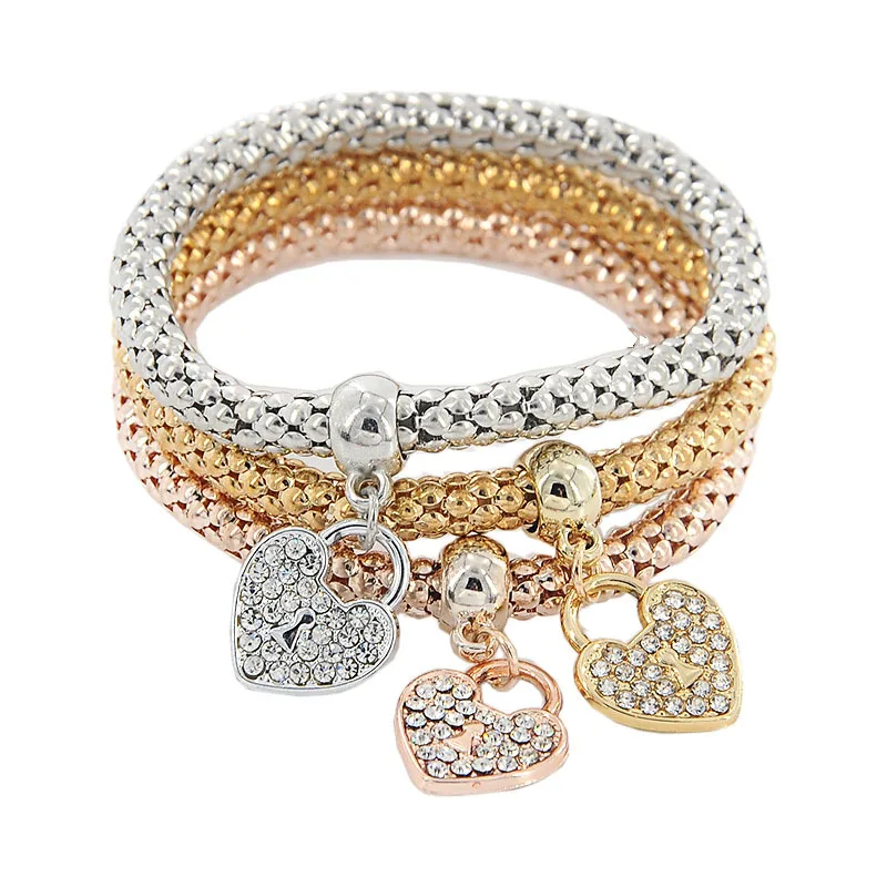 

3pcs set Fashion Rose Gold Elastic PopCorn Chain Crystal Rhinestone Heart Shape Charm Corn Chain Bracelet, Silver, gold , rose gold