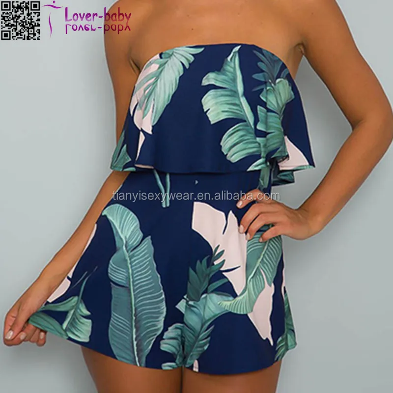 

Women dress Blue Strapless Leaf Printed Ruffle female Clothing romperL55301, Shown
