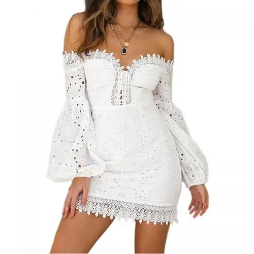

2019 winter new fashion Off shoulder long sleeve women dress lady white casual dress
