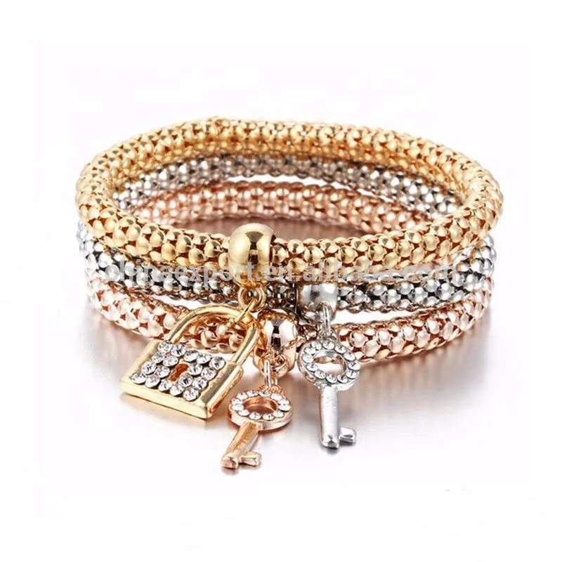 

Multilayer Alloy Couple Fashion Jewelry Cuff Bracelet Charm With Key And Lock wholesale, Silver,gold,rose gold